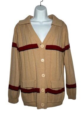 Vintage 70s Sweater Girl of California Stripe Collar Cardigan Tan Red Preppy S/M